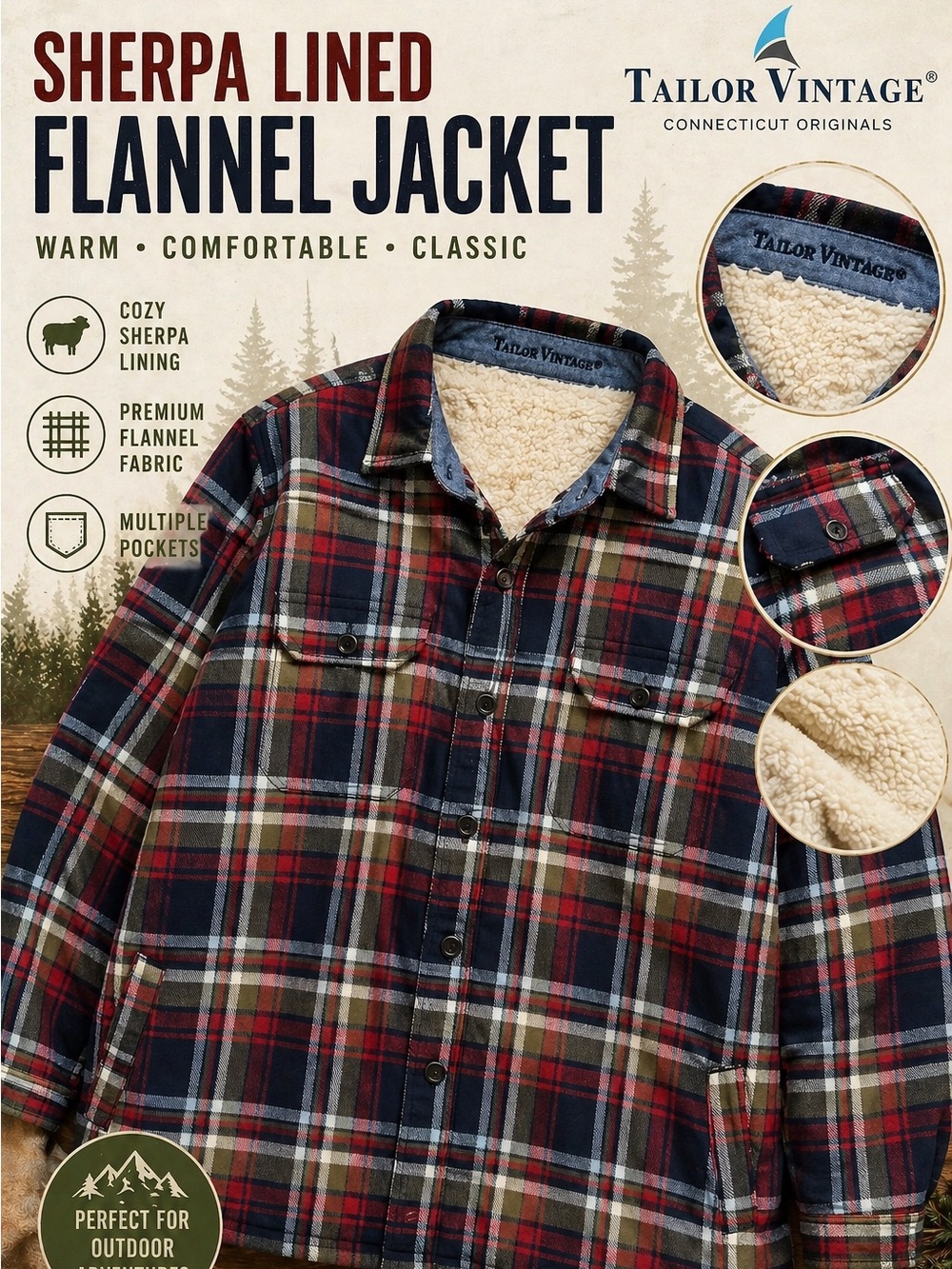 Tailor Vintage Plaid Sherpa-Lined Flannel Jacket Classic Fall Outdoor Travel Y2K
